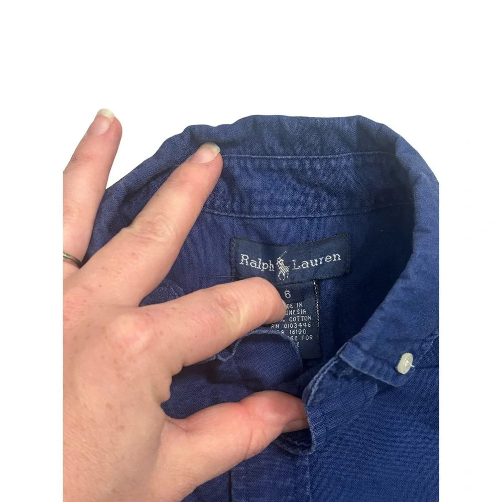 Ralph Lauren Boys Navy Blue Cotton Oxford Button Down Shirt Size 6 Red Pony Logo